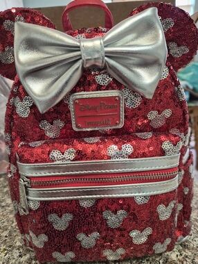 Loungefly Red Sequin Minnie Backpack with Silver Bow